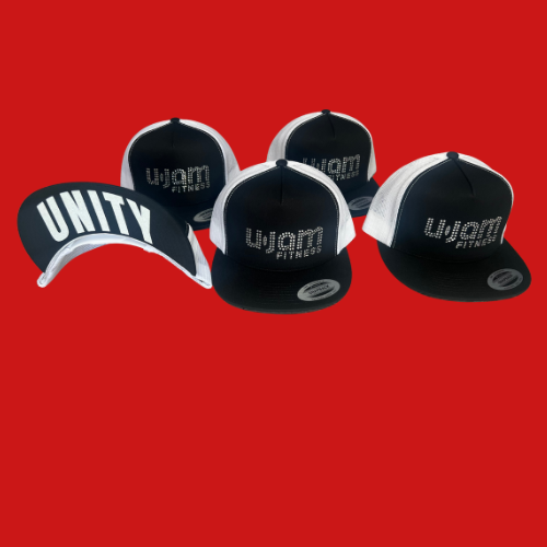 Black/White Flatbill Hat with Clear Rhinestone U-Jam Logo and White Glitter "Unity" Under Bill
