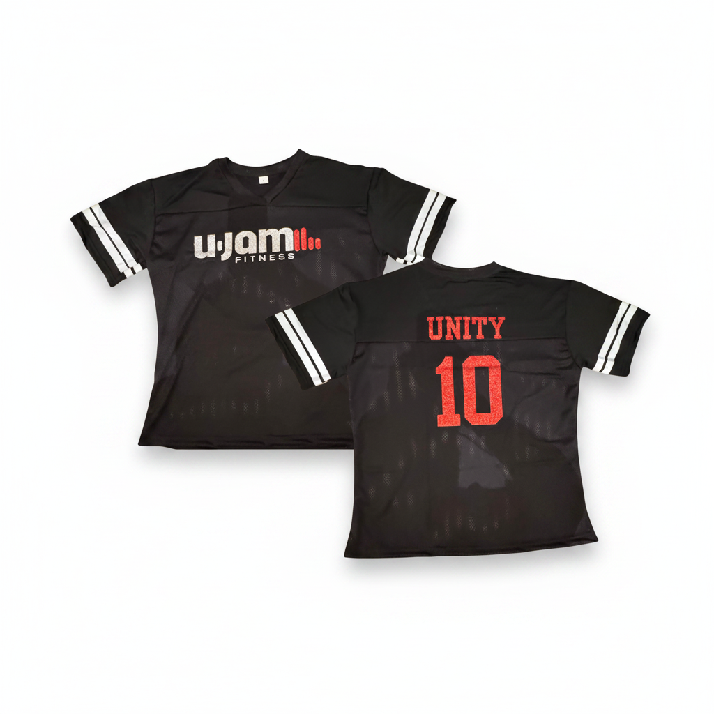 Black Jersey With Silver U-Jam Logo w/Red Unity Mark (Front) and Red Glitter Unity and 10 (Back)