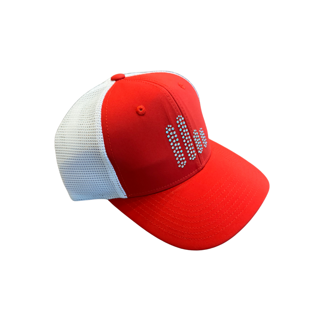 Red/White Mesh Trucker Snapback Hat with Clear Rhinestone Unity Mark