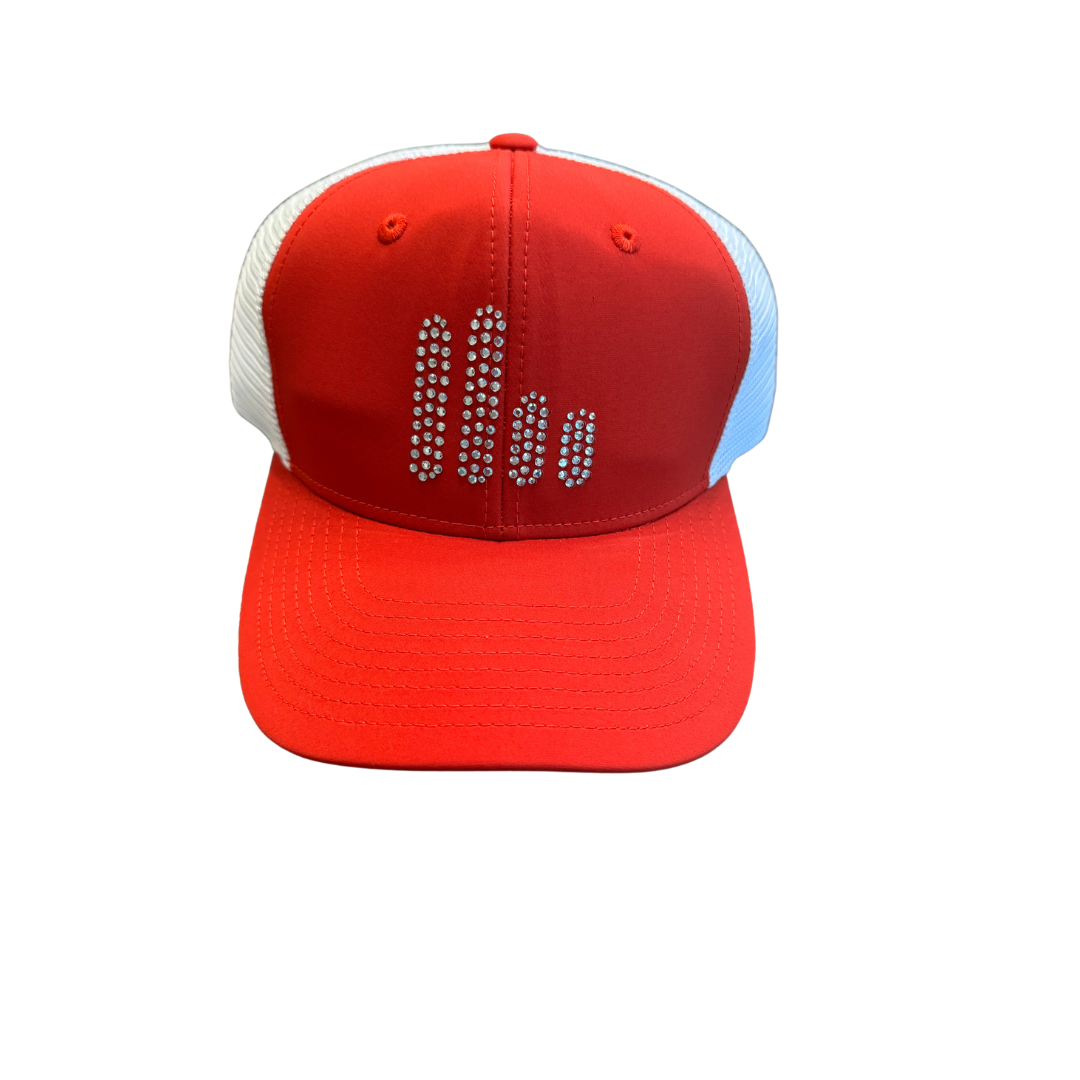 Red/White Mesh Trucker Snapback Hat with Clear Rhinestone Unity Mark
