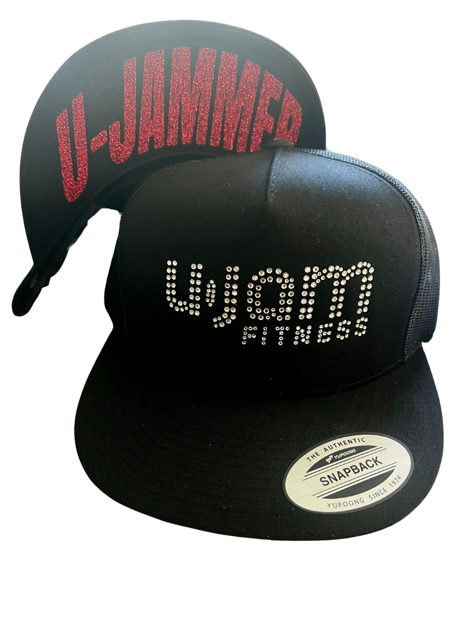 Snapback Hat blk with Bling Logo and red U-Jammer on bill.